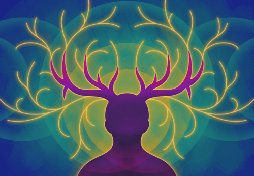 a purple figure with antlers surrounded by gold lines on a blue-green background
