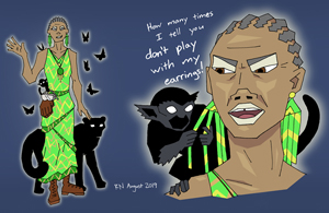stylized digital drawing of an old Black woman in a neon green dress; at left, a full-body image where she stands smirking with shadowy animals, a monkey, a large cat, and several butterflies; at right, her head and shoulders, with the shadowy monkey perched on her shoulder and fingering her beaded earring; she looks at the monkey and says 'How many times I tell you don't play with my earrings!'