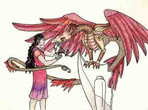 pencil and ink drawing of a young Indian woman holding the head of a mechanical dragon perched on the broken wing of a plane
