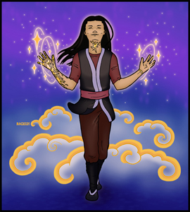 digital drawing of an androgynous Asian person striding forward with their head up, eyes closed, and hands outspread; there are gold cracks on their right hand and forearm, left wrist, and their throat; stars spin around their hands and clouds billow in the background
