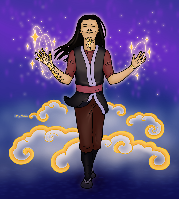 digital drawing of an androgynous Asian person striding forward with their head up, eyes closed, and hands outspread; there are gold cracks on their right hand and forearm, left wrist, and their throat; stars spin around their hands and clouds billow in the background