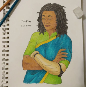 colored pencil sketch of Jaksa, an older woman with curly black hair, a hooked nose, and a prosthetic left arm, with arms crossed, eyes closed, and a relaxed smile