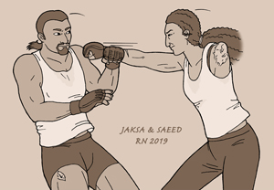 digital drawing of two people sparring; Saeed at left dodges a punch from Jaksa at right; Saeed is a thickly built man with a goatee and a scar on his leg, and Jaksa is an older woman with curly hair and one arm; the scar on the shoulder of her missing arm can be seen