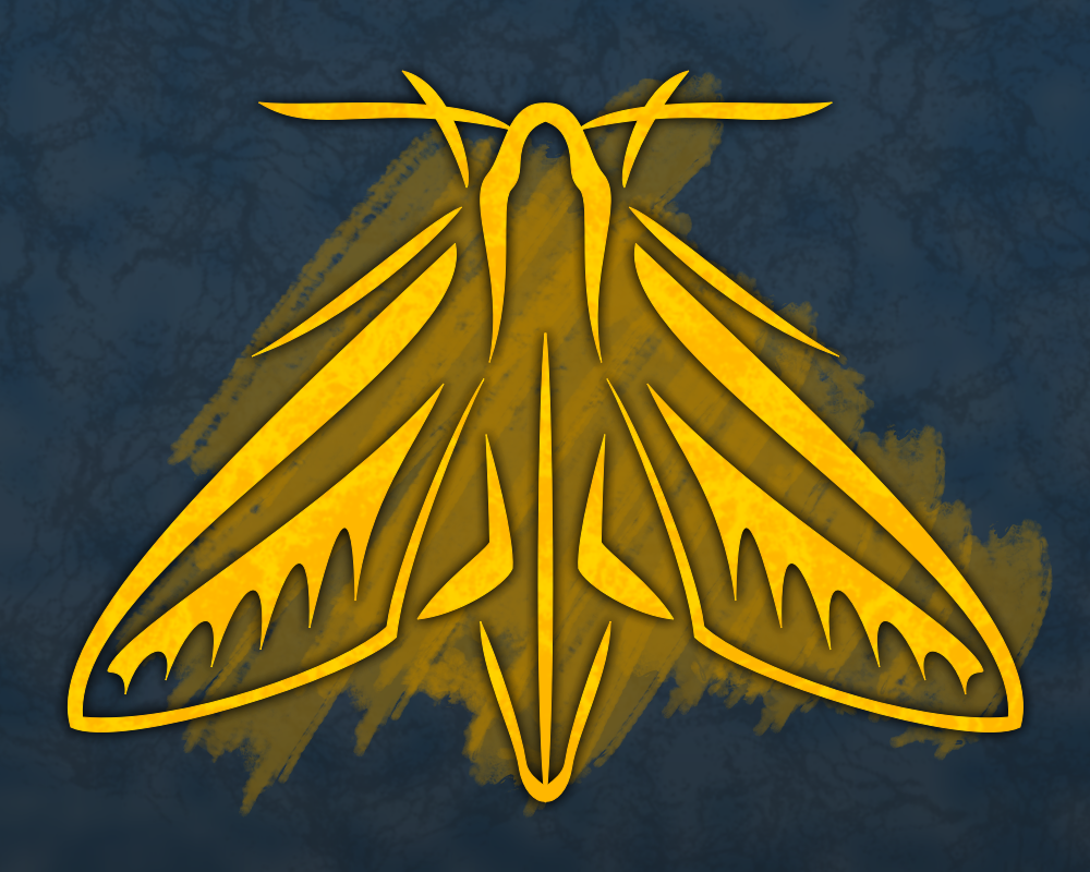 a stylized drawing of a glowing gold moth on a dark background