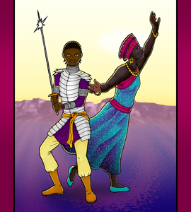 digital drawing of two young Black women; at left, Sahar, in white and cream-colored armor, standing in a defensive stance and holding a sword; at right, Asra, sparkly teal dress and rose headdress, smiling as she reaches toward the sun