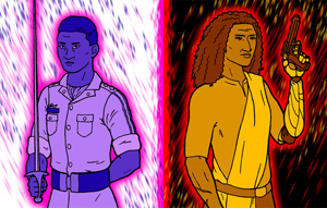 digital drawing of two people; left, an androgynous dark-skinned person in a military uniform holding a saber, in shades of indigo over a white background; right, a woman wearing a dupatta, holding an aruval and a pistol, in shades of orange over a black background