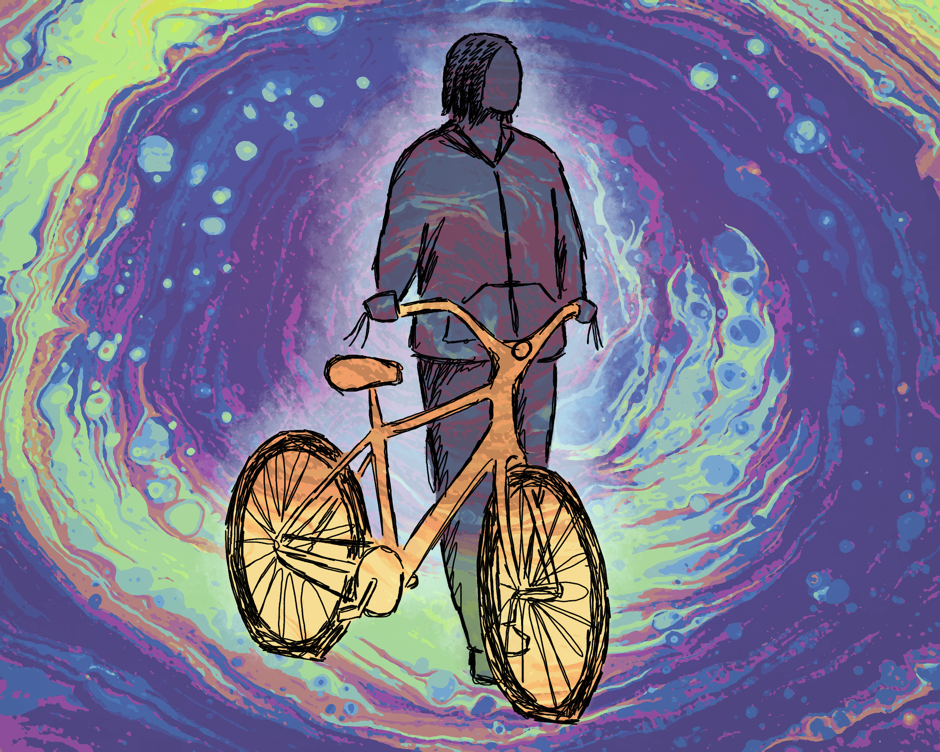 a rough sketch of a young person walking with a bicycle over a colorful abstract background