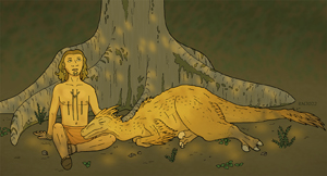 digital drawing of a young non-binary person sitting under a ceiba tree and looking up, with a large raptor (dinosaur) resting beside zim with its head in zer lap; both are dappled in golden sunlight coming through tree leaves above