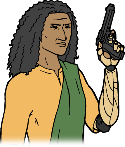 a drawing of Jaksa, an older Indian woman with curly hair, a hooked nose, and a prosthetic left arm, wearing a green dupatta over one shoulder and holding a pistol, glaring at the viewer
