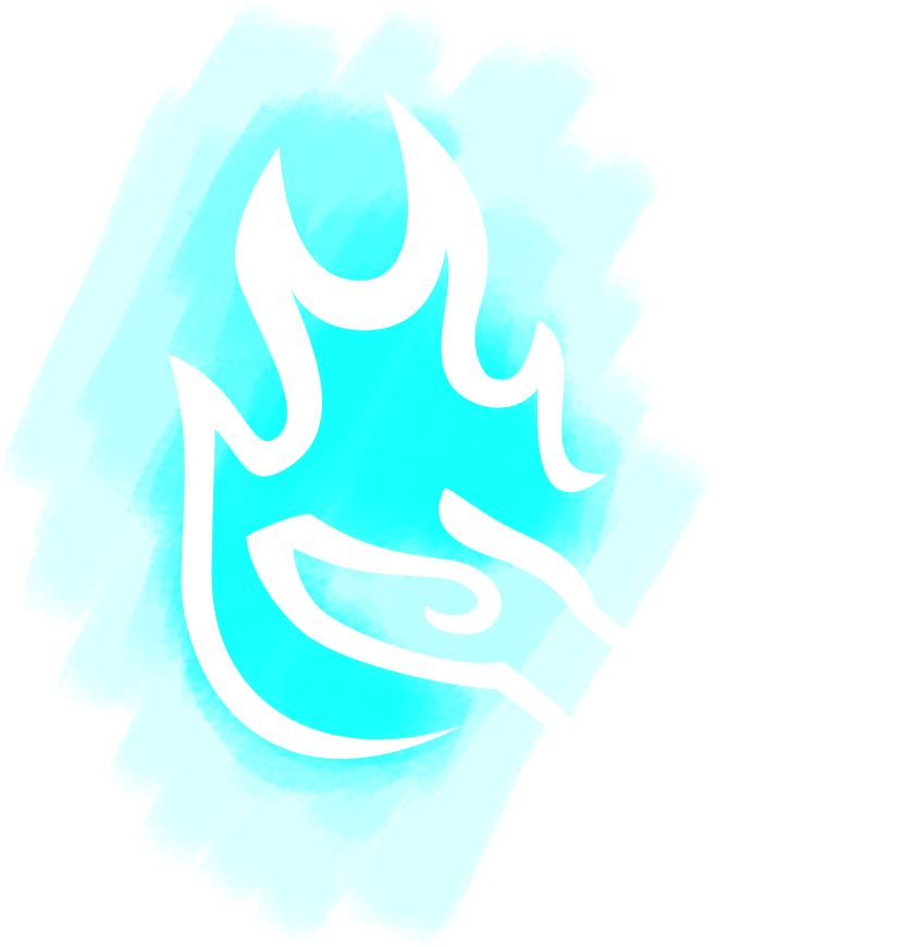 a stylized hand holding bright cyan fire that links to the home page