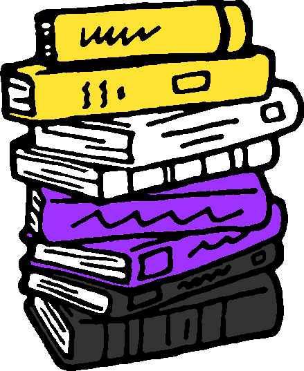 a drawing of a stack of books, in the colors of a nonbinary pride flag