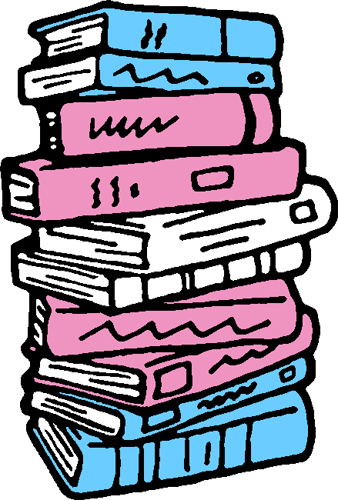 a drawing of a stack of books, in the colors of a trans pride flag