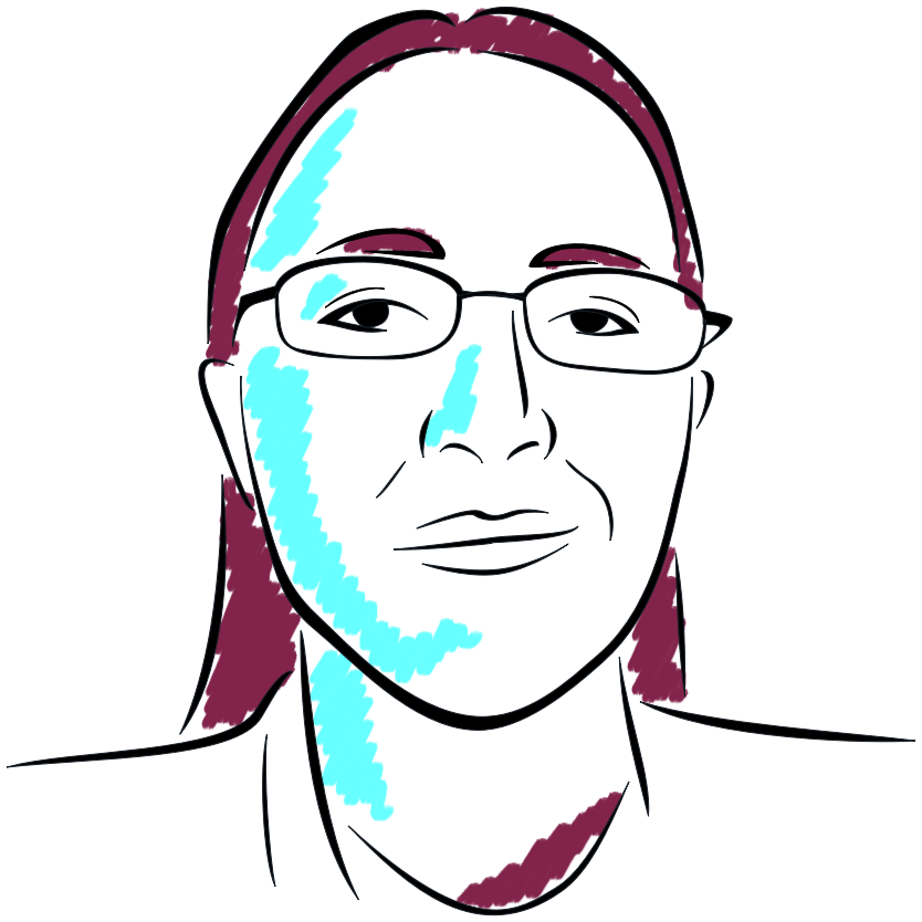 a stylized portrait of Riley Neither, an androgynous white person with long hair and glasses
