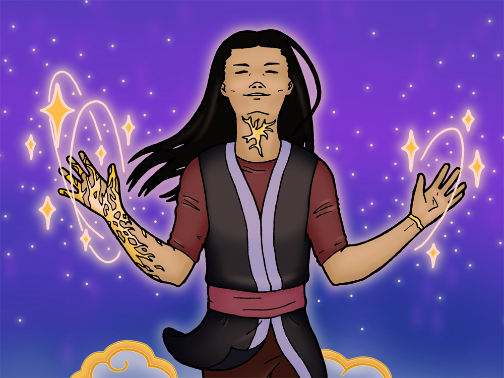 a thumbnail of a digital drawing of an androgynous Asian spellcaster, arms outstretched, with stars around their hands