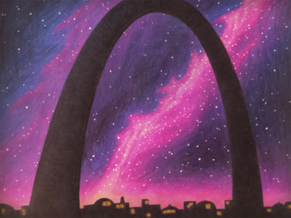 a thumbnail of a pencil drawing of a dark arch over a pink and indigo galaxy sky