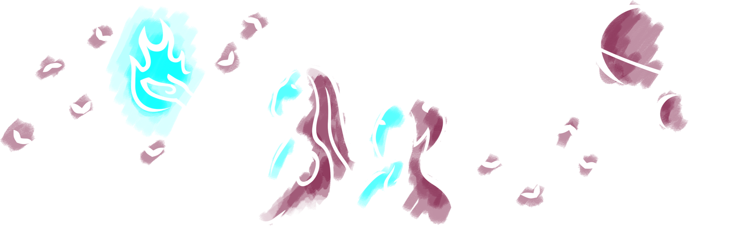A stylized illustration with a medley of speculative elements that make reference to some of Riley Neither's fiction.  From right to left: a person holding out one hand with cyan fire, a person with antlers, and a pair of planets, one with a ring around it.  Small moths flutter around throughout.  The style is thick, curling white lines shaded with paintbrush strokes in cyan and plum purple.