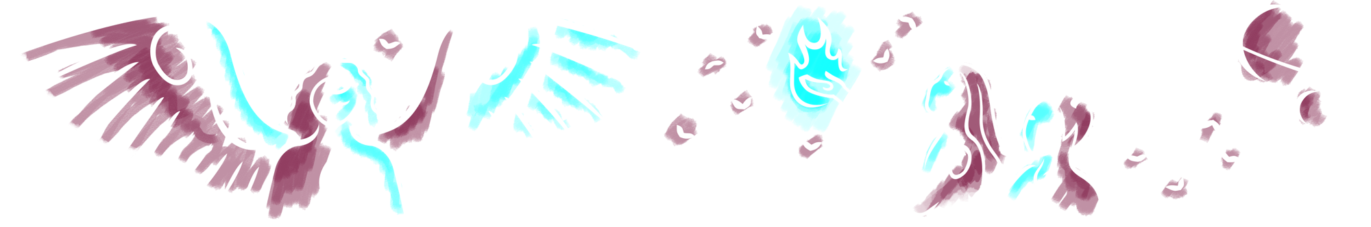 A stylized illustration with a medley of speculative elements that make reference to some of Riley Neither's fiction.  From right to left: a winged person, a person holding out one hand with cyan fire, a person with antlers, and a pair of planets, one with a ring around it.  Small moths flutter around throughout.  The style is thick, curling white lines shaded with paintbrush strokes in cyan and plum purple.